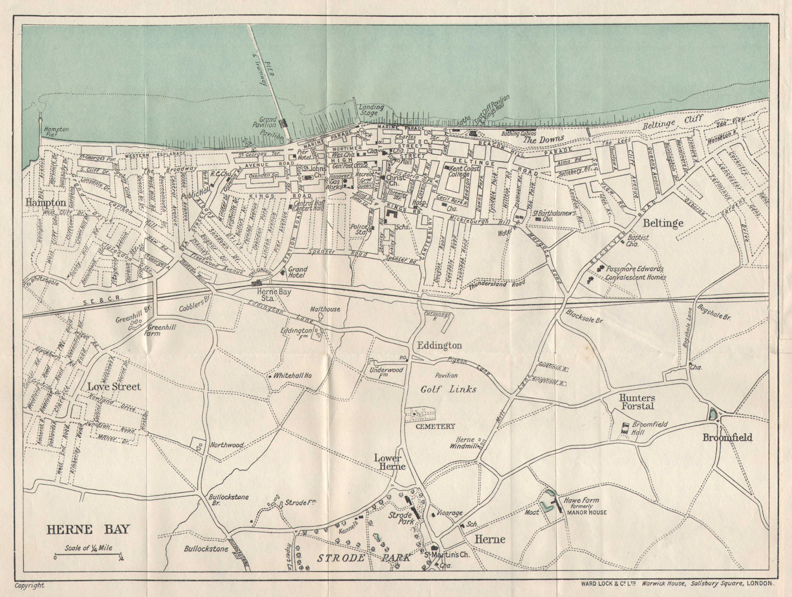 HERNE BAY vintage tourist town city resort plan. Kent. WARD LOCK 1924 old map